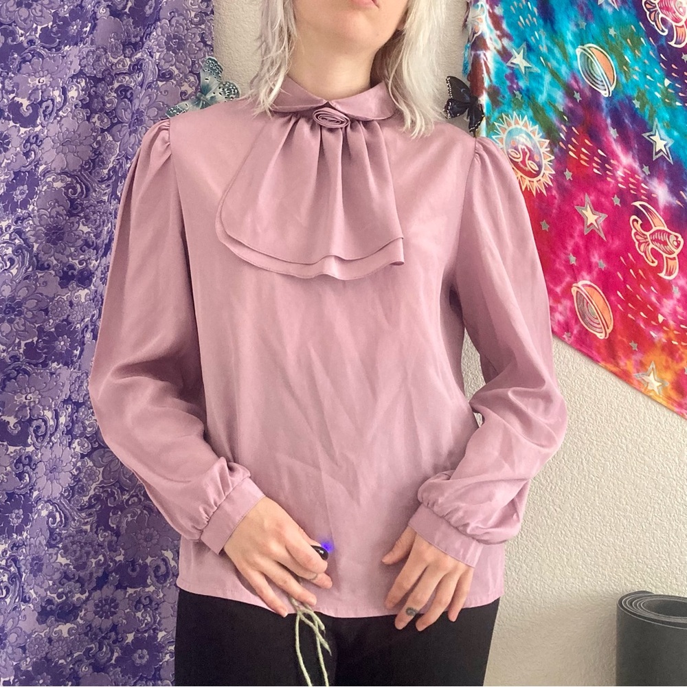 Vintage-Inspired Bow Neck Blouse in Dusty Rose